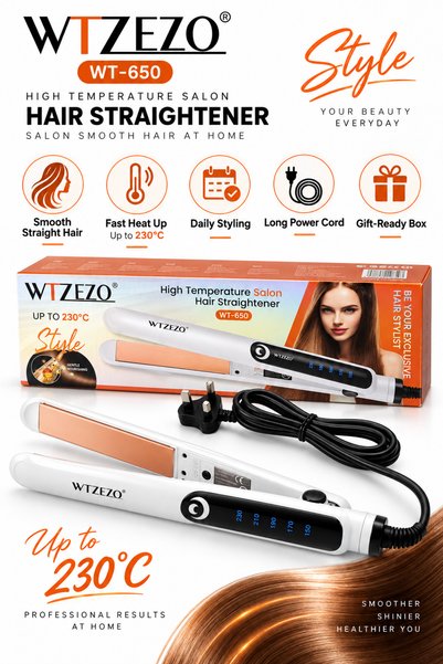 WTZEZO WT-650 Professional Hair Straightener – Up to 230°C, Adjustable Temperature, Rose Gold Plates, Long Power Cord – White