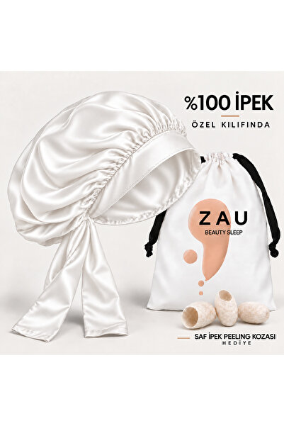 %100 İpek Ayarlanabilir Bağlamalı Saç Bonesi, Özel Kılıflı ve Saf İpek Peeling Kozası Hediyeli (Beyaz)