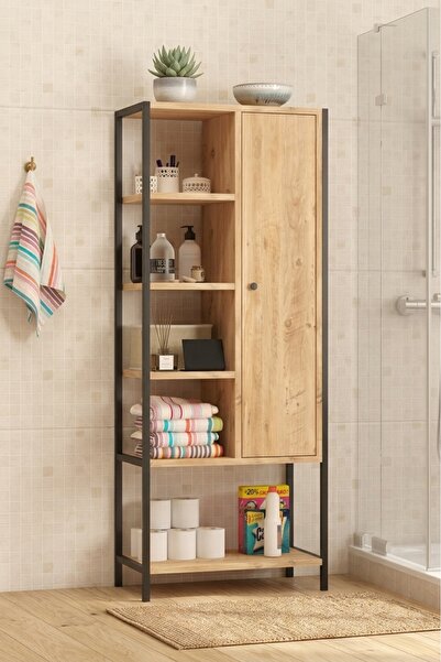 RUSTİKEVDECORART Dekoratif Kapaklı 8 Raflı Banyo Malzeme Dolabı Çok Amaçlı Ba...