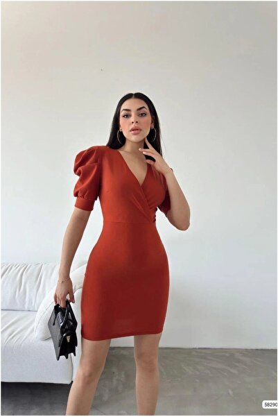 Şeker Portakalım Crepe Evening Dress Short Fabric Dress with Collar Double Br...
