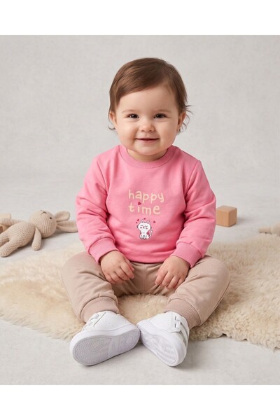 Ege Bebek Girl's Seasonal 1-2-3-4 Year Old Cat Printed 2 Threaded Top and Bot...