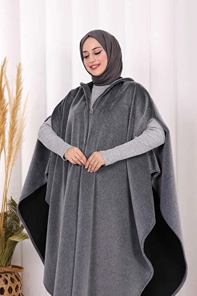 Bym Fashion Foks Kumaş Kapşonlu Panço 70130 Gri
