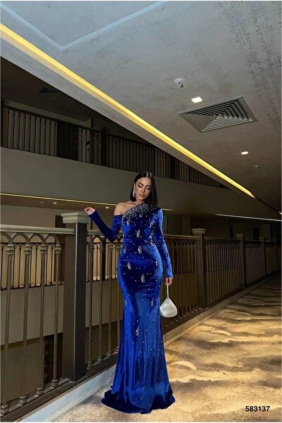 Şeker Portakalım Flexible One-Piece Evening Dress with Velvet Fabric Shoulders