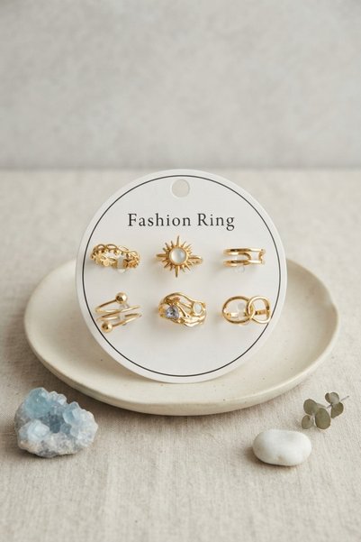 ForWhat 6Pcs Golden Brass Sun Style Stone Ring Set for Elegant Fingers