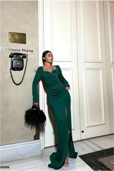Şeker Portakalım Scuba Evening Dress Stretchy Fabric Dress with Collar Double...