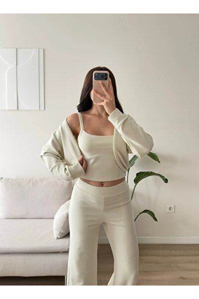 Zoom Butik Örme Hırkalı Üçlü Takım - BEJ