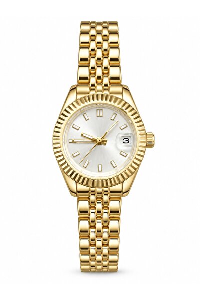 QUARTZ Gold Çelik Kadın Kol Saati – Beyaz Kadranlı Takvimli Klasik Model