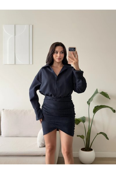 Zoom Butik Double Çizgili Gömlek Elbise - LACİVERT