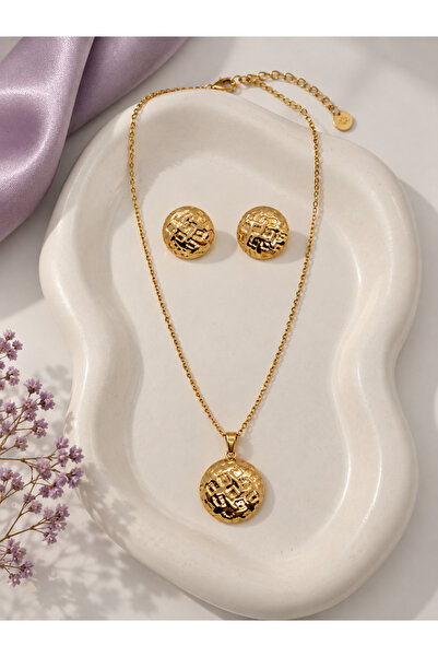 AyLi Jewelry Kadın Gold Paslanmaz Çelik Dokulu Yuvarlak Kolye ve Küpe Takımı