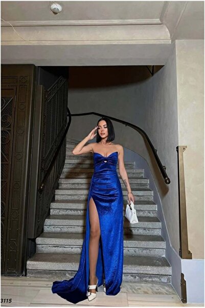 Şeker Portakalım Velvet Slit Maxi Strapless Evening Dress Fabric Dress