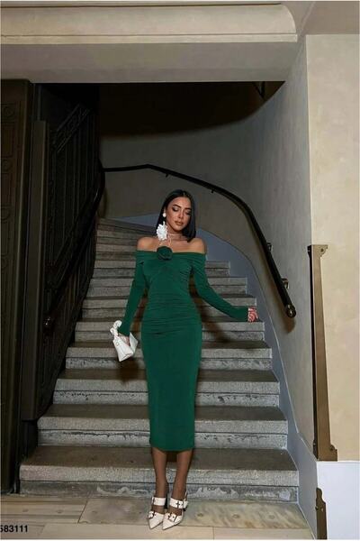 Şeker Portakalım Kayık Abiye Elbise Collar Draped Midi Long Sleeve