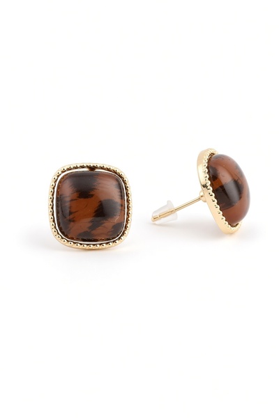 LYKOS Women's Brown Patterned Square Stone Earrings