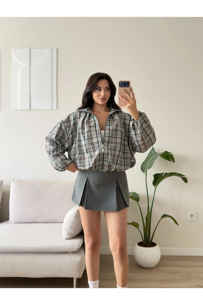 Zoom Butik Ekose Bomber Ceket - KAHVE EKOSE