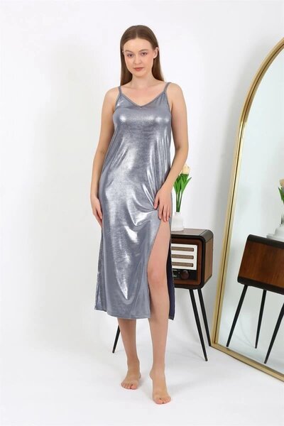 Mariposa Secret Women's String Strap Long Shiny Micro Dress Nightgown Gray