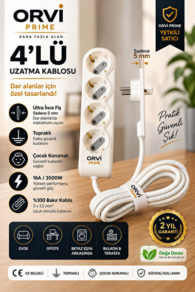 Yeni Nesil 4’lü Uzatma Kablosu 3 m – Dar Alanlar İçin Ultra İnce 5 mm Fişli, Topraklı, Çocuk Korumalı – Beyaz