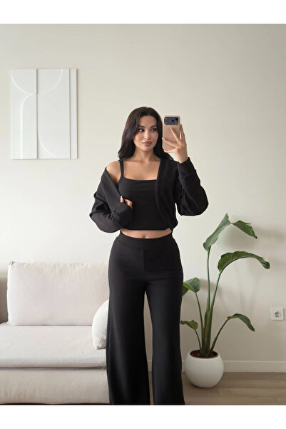 Zoom Butik Örme Hırkalı Üçlü Takım - SİYAH