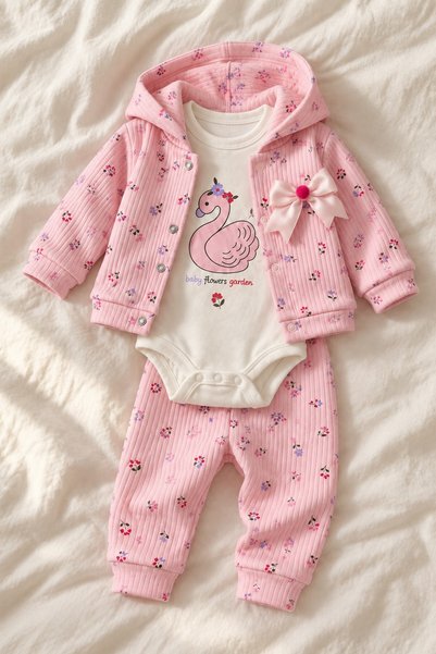 METEOR BABY Baby Girl Set with Swan Print, Floral Pattern, Bow, 3-Piece Top a...