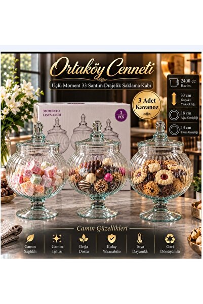 ORTAKÖYCENNETİ 3 ADET BÜYÜK BOY Ayaklı Kapaklı Cam Kurabiyelik Şekerlik Draje...