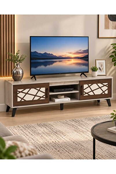 TrentonGCC Modern TV Stand 160 cm – Stylish Wooden TV Unit with Geometric Doo...