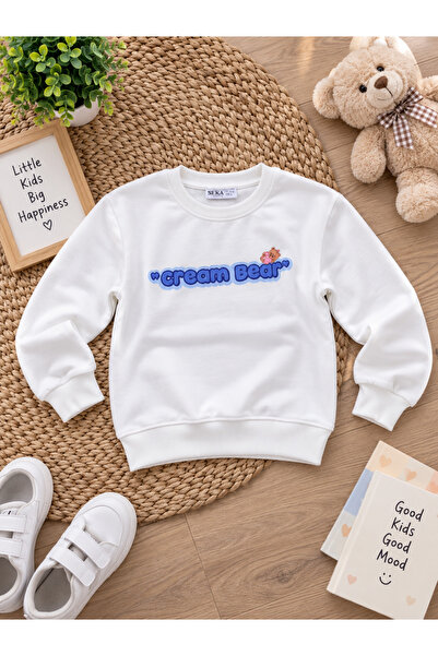 Uğur bebe سويت شيرت بناتي بلون إكرو مكون من 3 خيوط مطرزة وطبعة دب كريمي من ال...