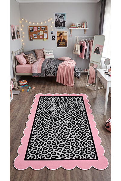 SionFabric Dijital Baskı Modern Leopar Desenli Özel Kesim Pembe Dalgalı Kenar...
