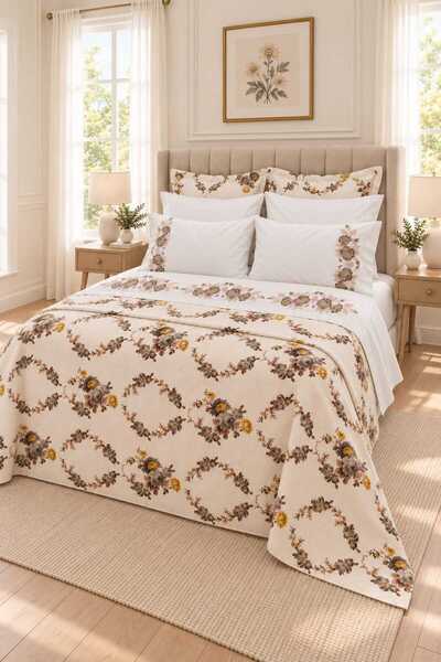 İK TEKSTİL Efsun Cross-Stitch Embroidered Pique 100% Cotton 9-Piece Double Lu...