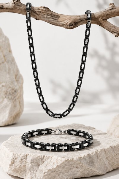 The Klōi Frame Black Men's Steel Necklace & Bracelet Set