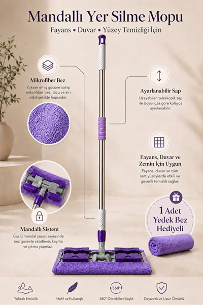 poliva home Teleskopik Mandallı Mikrofiber Sihirli Mop Yüzey Temizleyici (Duvar,Fayans,Yer,Cam)