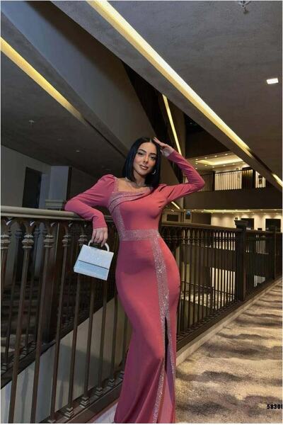 Şeker Portakalım Bicycle Maxi Detailed Evening Dress Stone Dress Collar