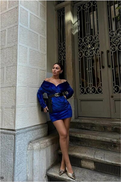 Şeker Portakalım Flexible V Evening Dress Velvet Fabric Dress with Collar Belt