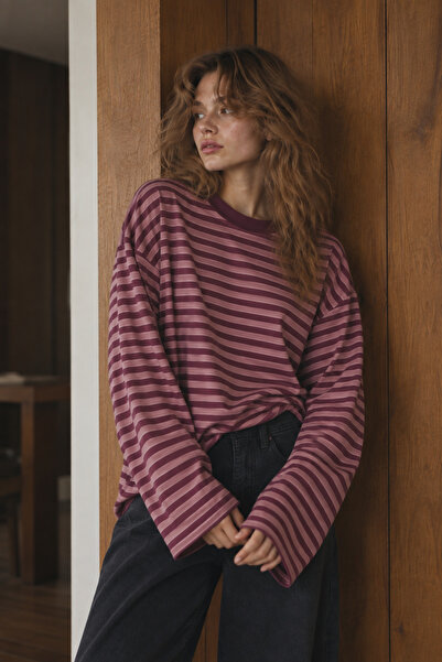 Yefrastore Kadın Pembe Mor Çizgili Oversize Bisiklet Yaka Uzun Kollu Sweatshirt