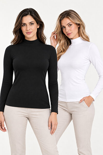 Loule Women's 2-Pack 95% Cotton Half Turtleneck Long Sleeve Basic Top - Flexi...