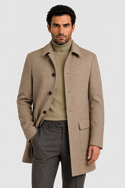Made in Italy Vitale Barberis Erkek Düğmeli Cepli %100 Yün Kaban U008198 Bej