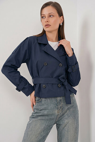 Modamorfo Women's Belted Short Trench Coat 5970 - Navy Blue