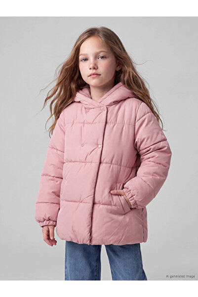LC Waikiki Lila Kapüşonlu Oversize Kız Çocuk Mont