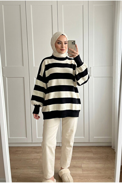 Kirazca Butik Women's Thick Striped Oversize Balloon Sleeve Crew Neck Knitwea...