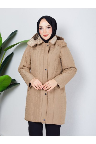 HNT Hayrunnisa Tesettür Removable Hooded 90 cm Quilted Coat Mink Hnt2806