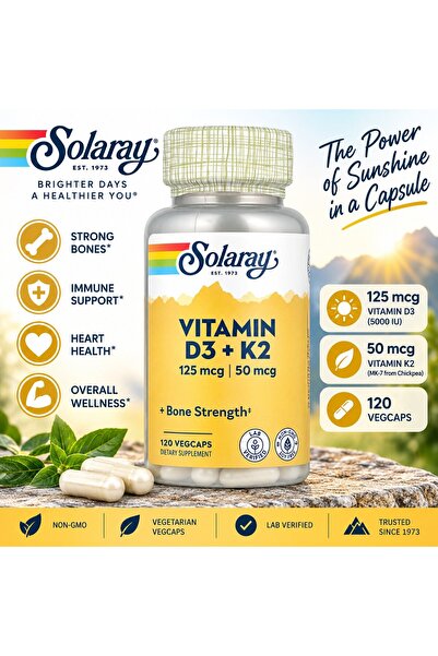 Solaray Vitamin D3 K2 MK7 Menaquinone-7 Calcium Phosphate 5000 IU 120 Caps
