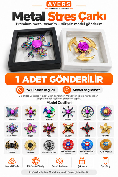 Ayers Metal Stres Çarkı Fidget Spinner, Premium Metal Gövde, Sessiz ve Pürüzs...