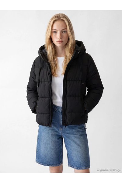LC Waikiki Γυναικείο μπουφάν puffer με μαύρη κουκούλα