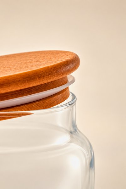 Woodcept. Sora Set of 6 Wooden Vacuum Lid Glass Tea, Sugar, Coffee Storage Jars Natural 635 Cc, Food Storage Container