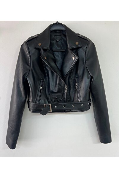 DERİMONTAYA Hakiki Kuzu Derisi Kadın Biker Ceket – Kemerli Siyah Model