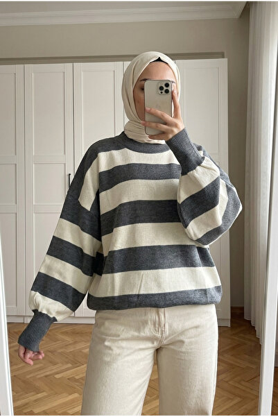 Kirazca Butik Women's Thick Striped Oversize Balloon Sleeve Crew Neck Knitwea...