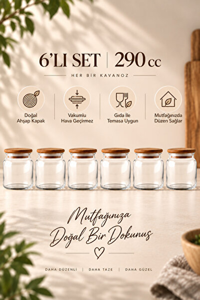 Woodcept. Sora Set of 6 Wooden Vacuum Lid Glass Spice Jar Storage Jar Natural...