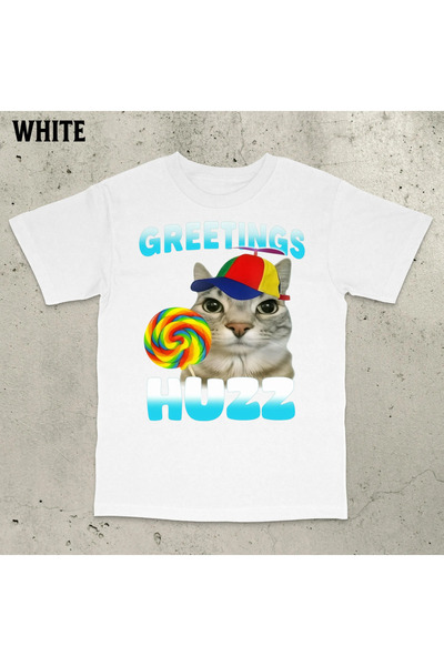 EYMORA Tricou unisex alb cu imprimeu Pisică cu pălărie colorată și acadele – ...