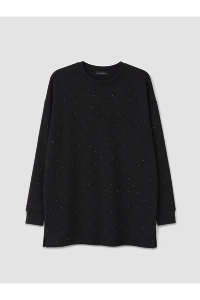LC Waikiki Siyah Taşlı Soft Touch Oversize Kadın Sweatshirt Tunik
