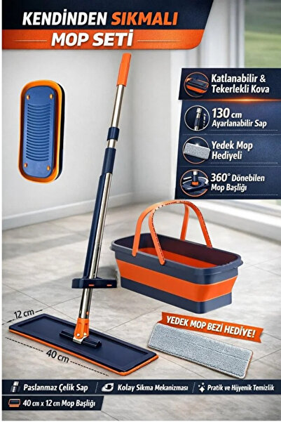 BiDünya Katlanabilir Ve Tekerlekli Kovalı Mop Seti. Yedek Mop Bezi Hediyeli, Kendinden Sıkmalı Mop Seti