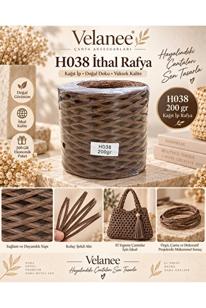 VELANE STORE H038 Koyu Kahve İthal Rafya Kağıt İp 200 Gr – El Yapımı Çanta, S...