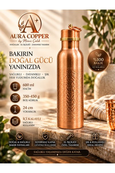 AURA COPPER Bakır Matara 600 ml – İçi Kalaylı Sızdırmaz Kapaklı El Yapımı Su ...