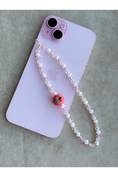PEONY peonyofficiall Elma Telefon Charmı Pembe Beyaz Kristal Telefon İpi Meyv...